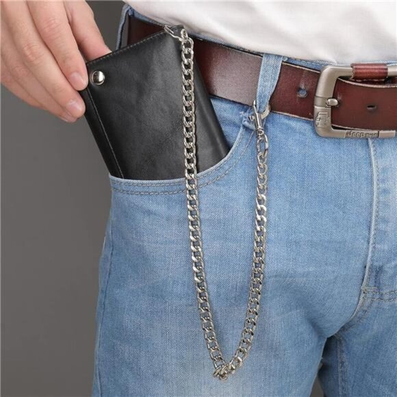 Genuine Leather Trifold Wallet with Chain, Biker Trucker wallet - Picture 7 of 8